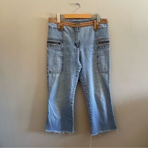 Vintage 90s BUM Denim Capris Faux Suede Tan Waist Raw Hem – Size 12/30 Fair/Good